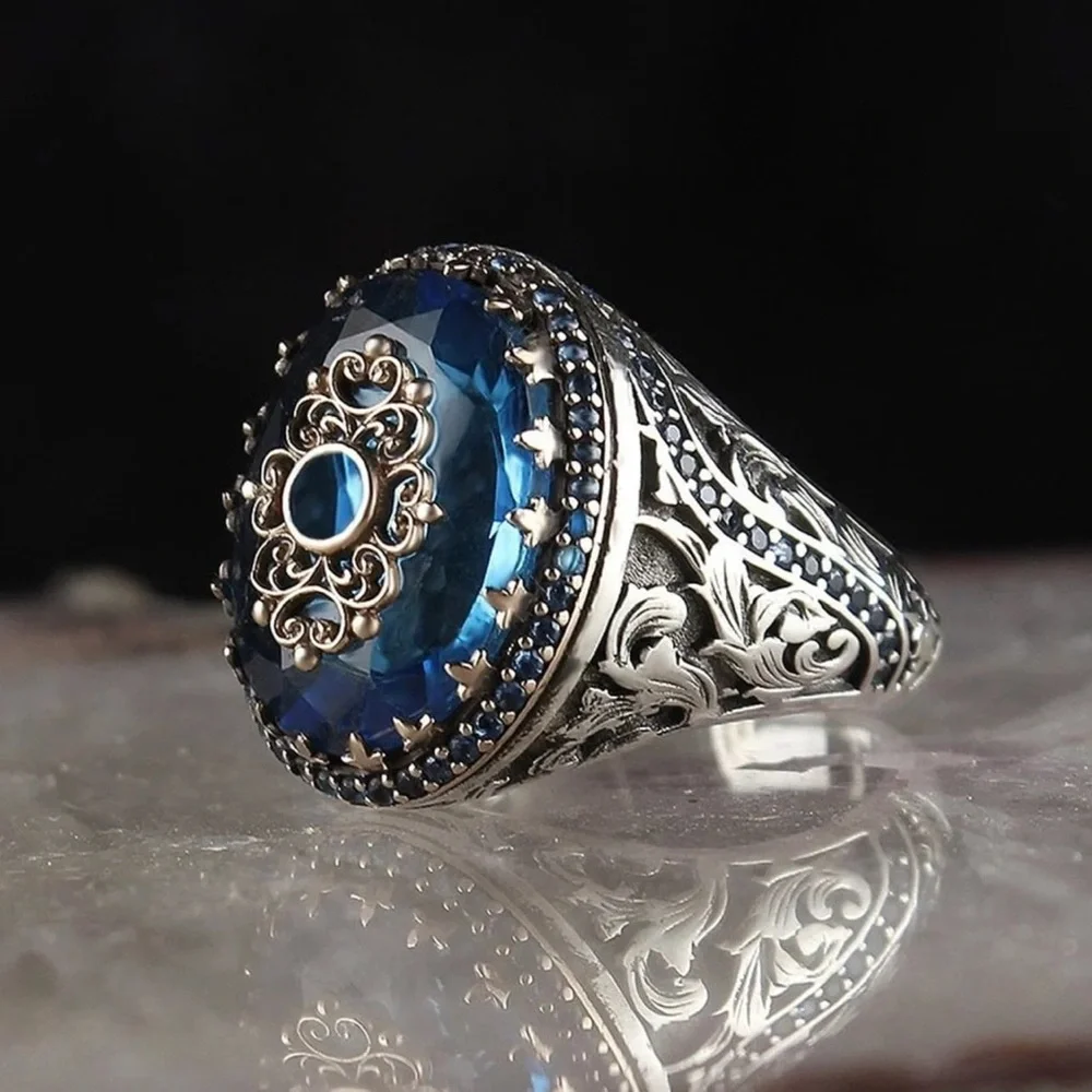 Handmade Turkish Signet Ring For Men Ancient Silver Color